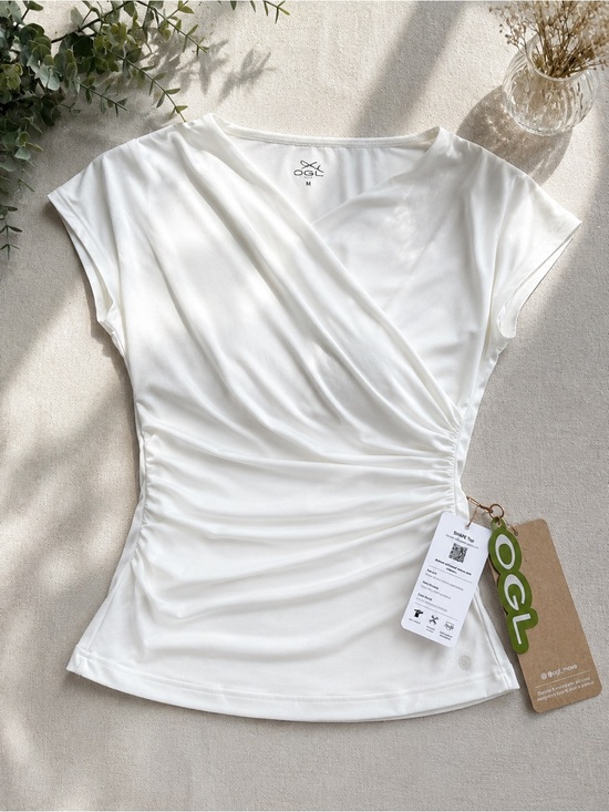 OGL Tops - OGL Cream V-Neck Short Sleeve Top with Side Ruching
